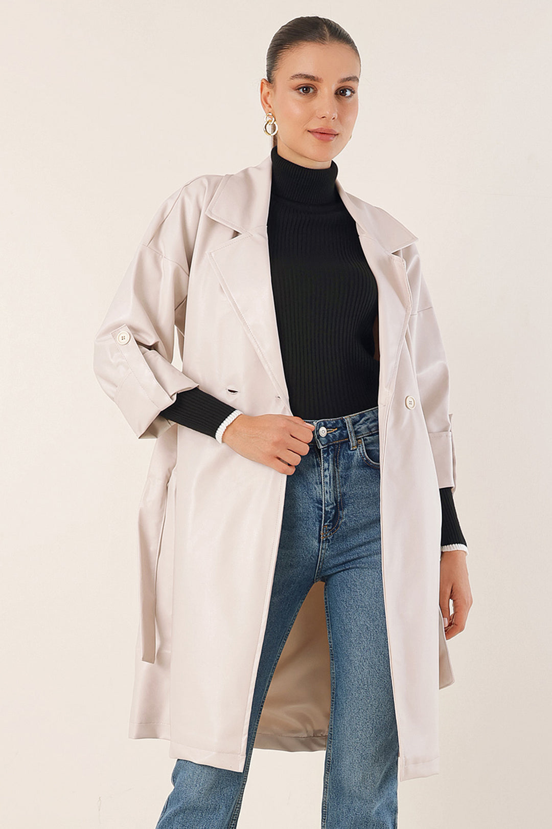 Bigdart 1034 Trench-coat en simili cuir avec ceinture - Écru