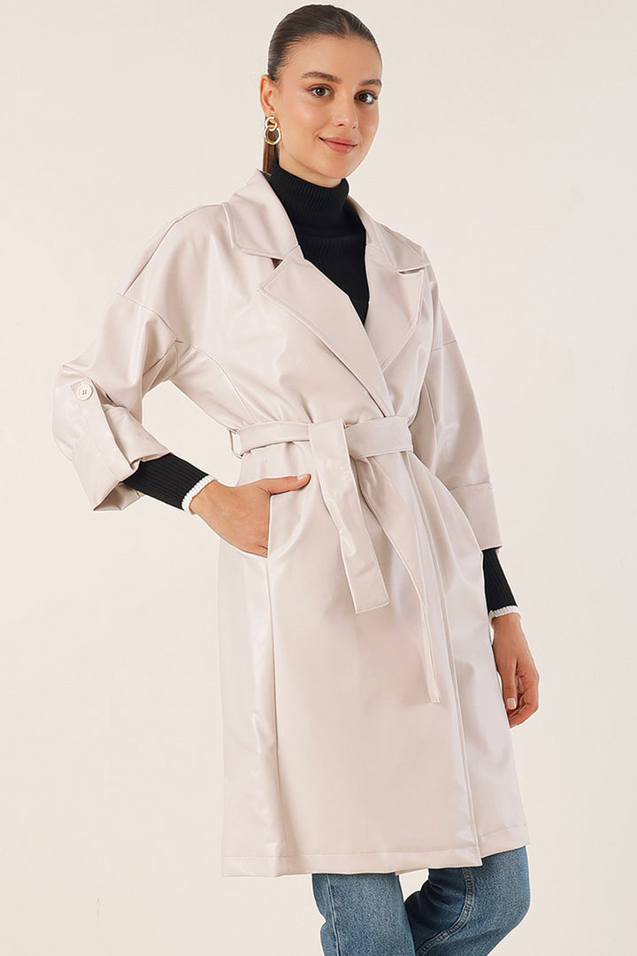 Bigdart 1034 Trench-coat en simili cuir avec ceinture - Écru