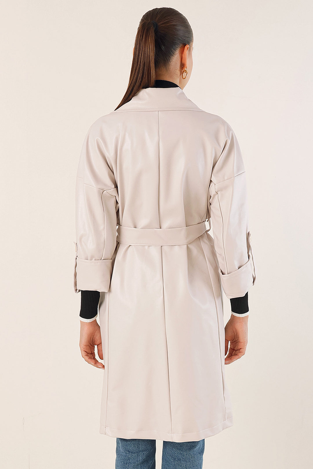 Bigdart 1034 Trench-coat en simili cuir avec ceinture - Écru