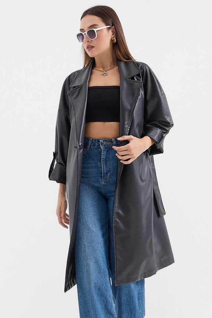 Bigdart Trench en Simili Cuir à Ceinture 1034 - Noir