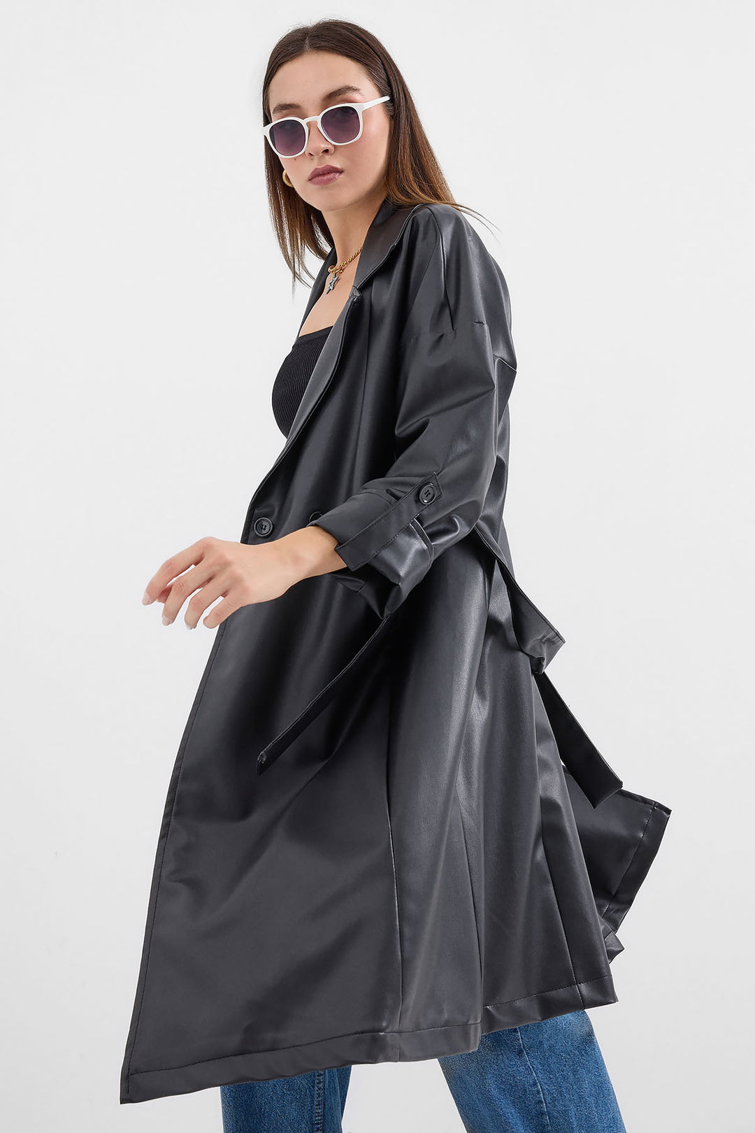 Bigdart Trench en Simili Cuir à Ceinture 1034 - Noir