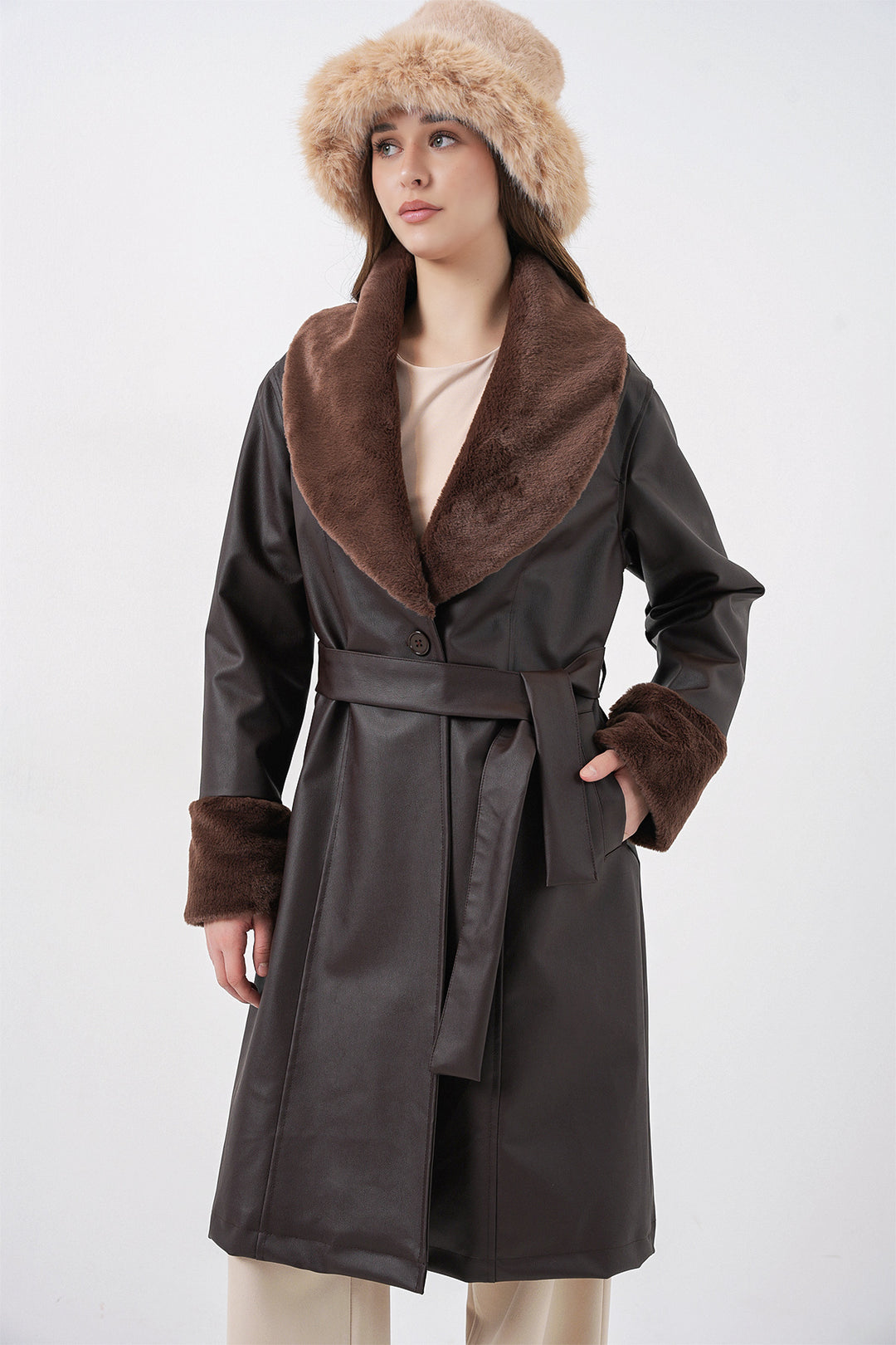Bigdart 1045 Manteau en cuir synthétique avec fourrure - Marron