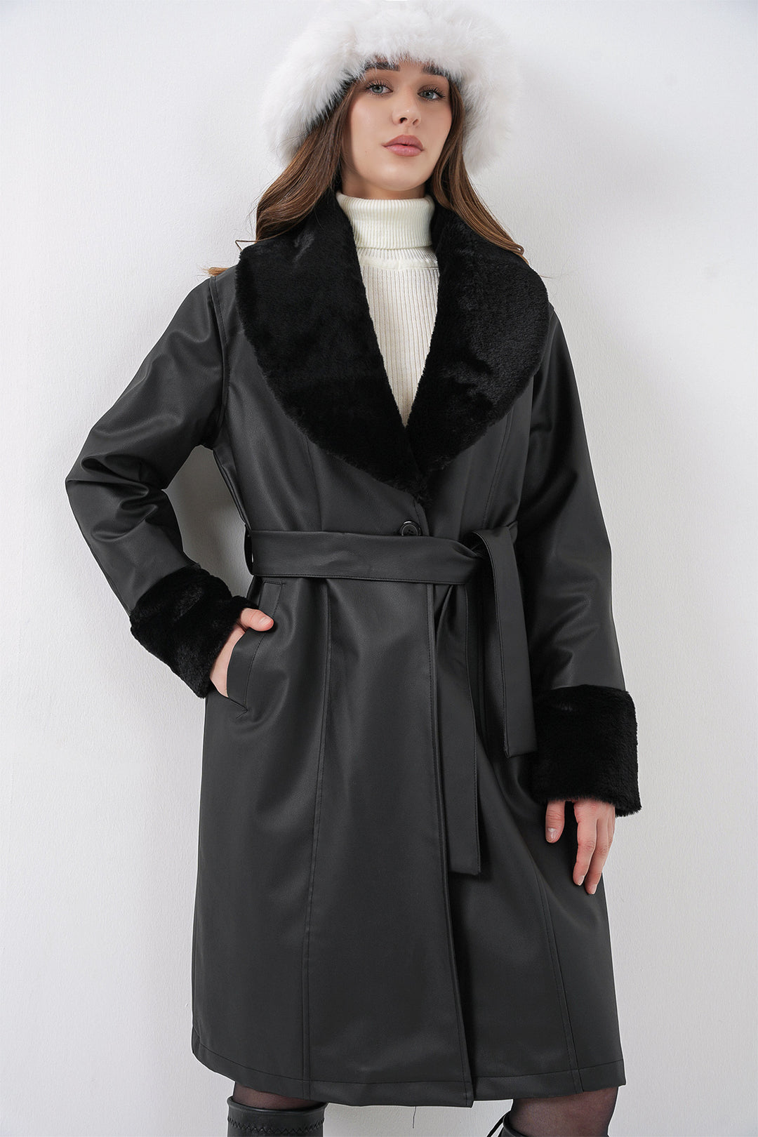 Bigdart 1045 Manteau en cuir synthétique avec fourrure - Noir