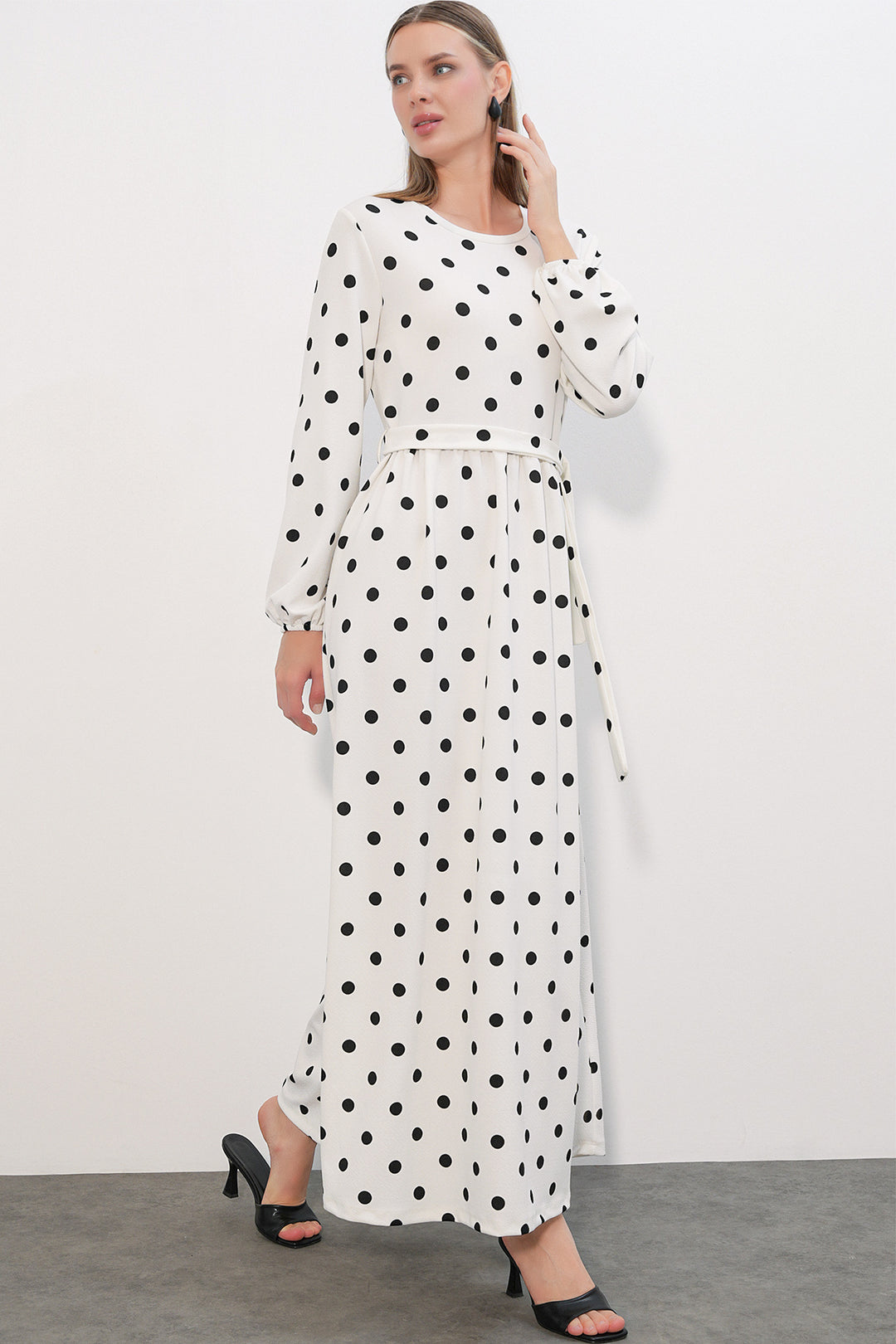 Bigdart Robe longue en tricot à pois pour femme 1525 - b.Blanc