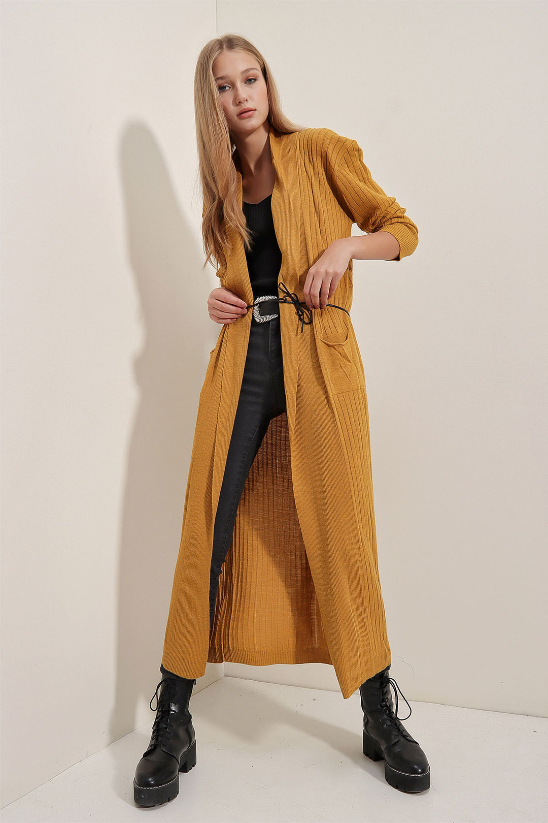 Bigdart Gilet en tricot long 15690 - Moutarde