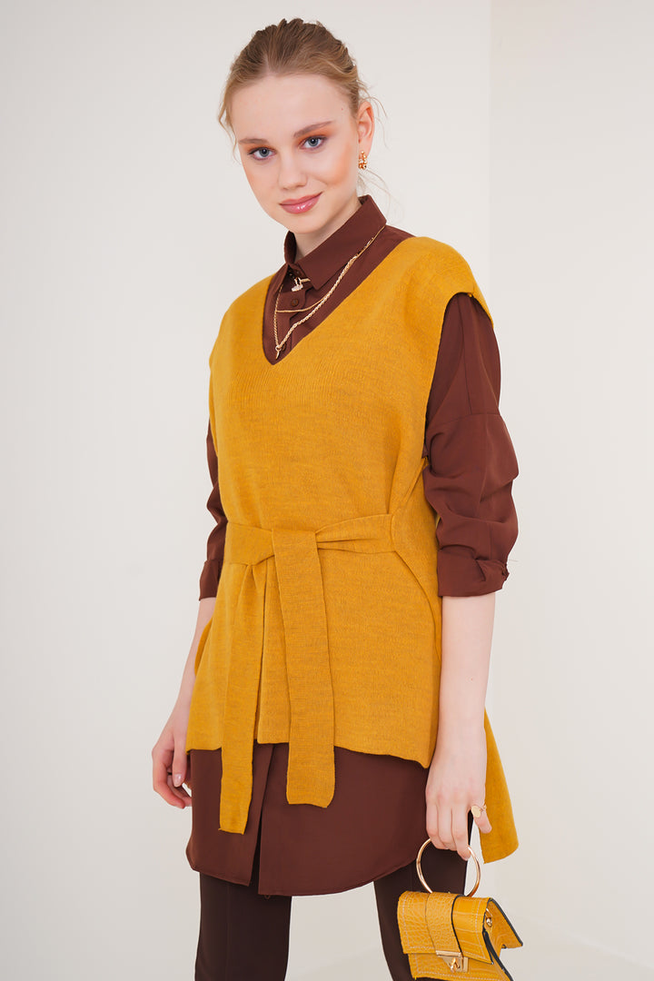 Bigdart Gilet en tricot ceinturé - Moutarde