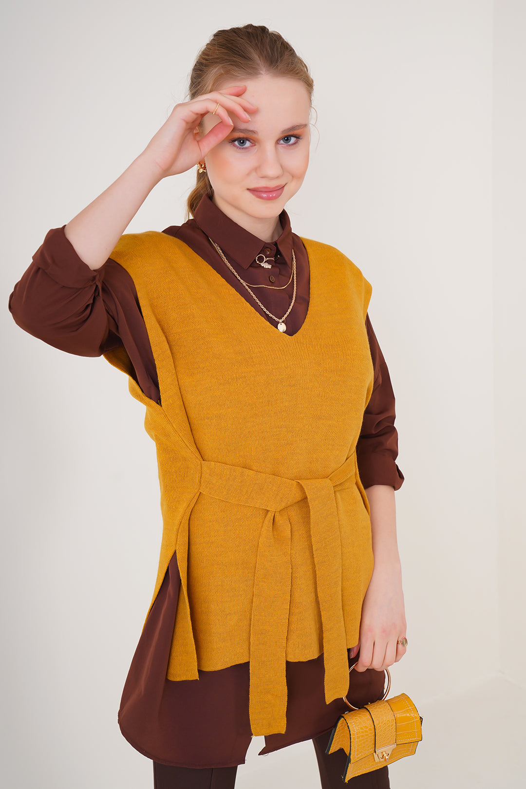 Bigdart Gilet en tricot ceinturé - Moutarde