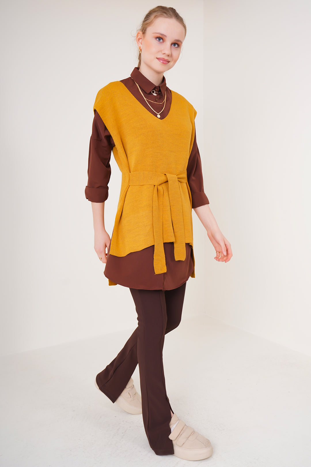 Bigdart Gilet en tricot ceinturé - Moutarde
