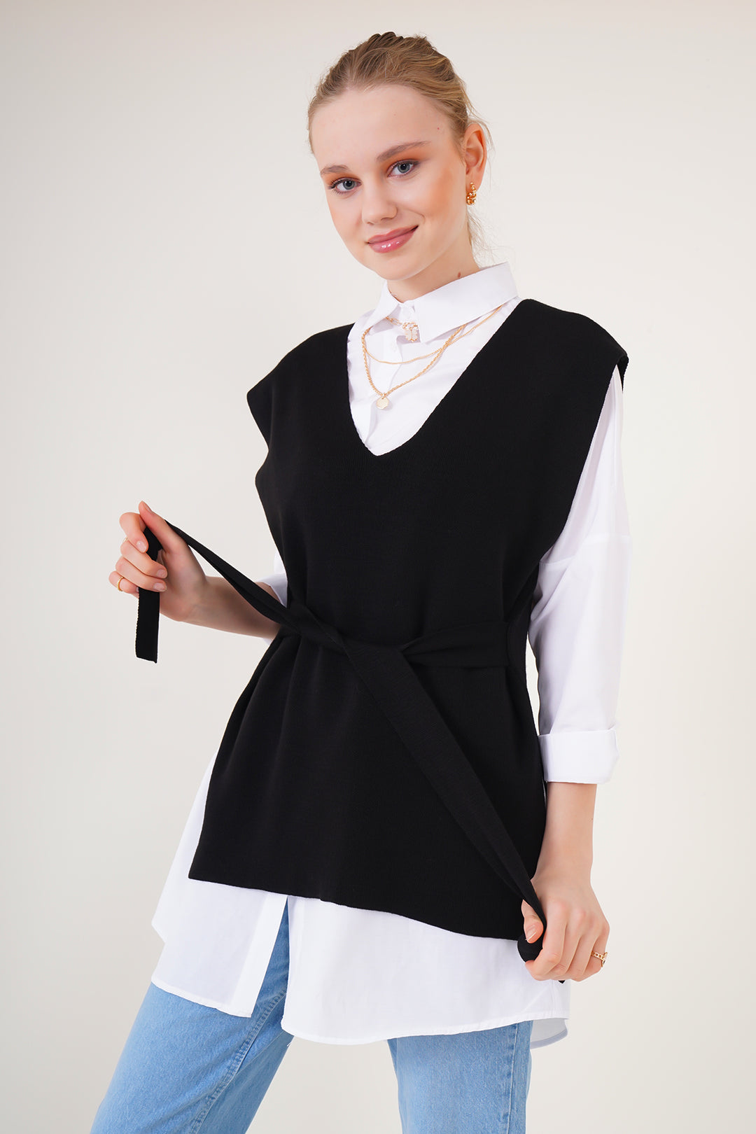 Bigdart Gilet en tricot ceinturé 15760 - Noir