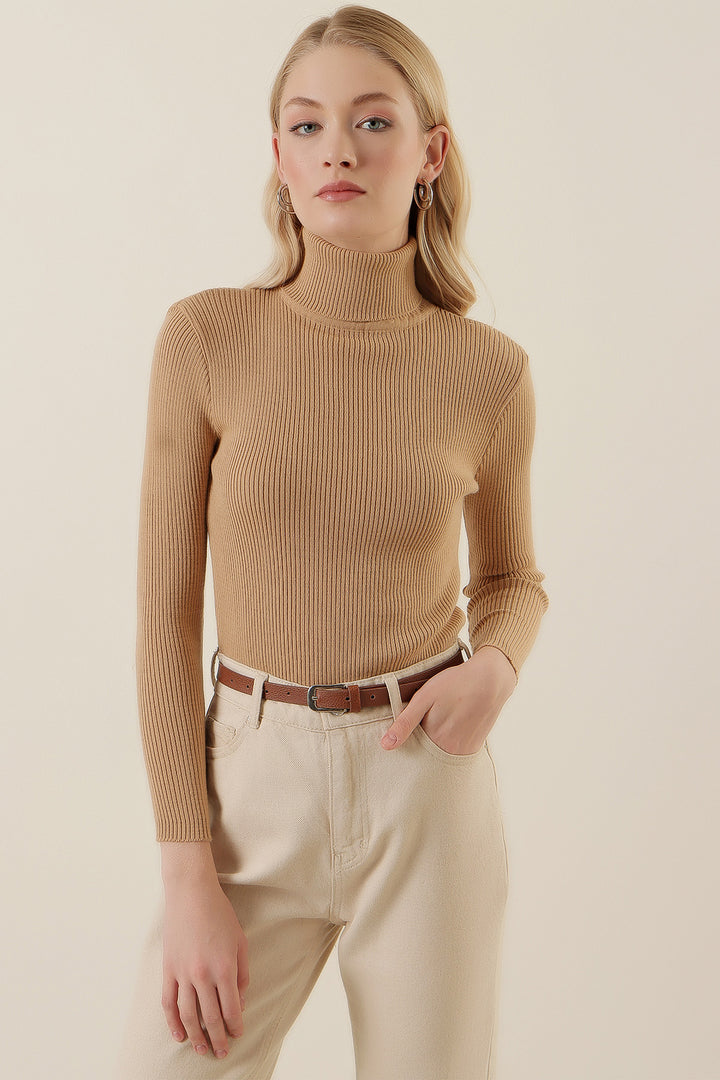 Bigdart 15796 Pull Côtelé Col Montant - Beige