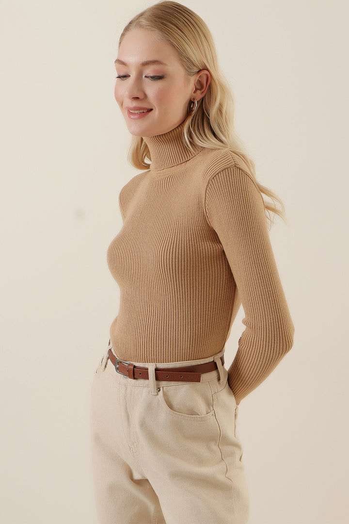 Bigdart 15796 Pull Côtelé Col Montant - Beige
