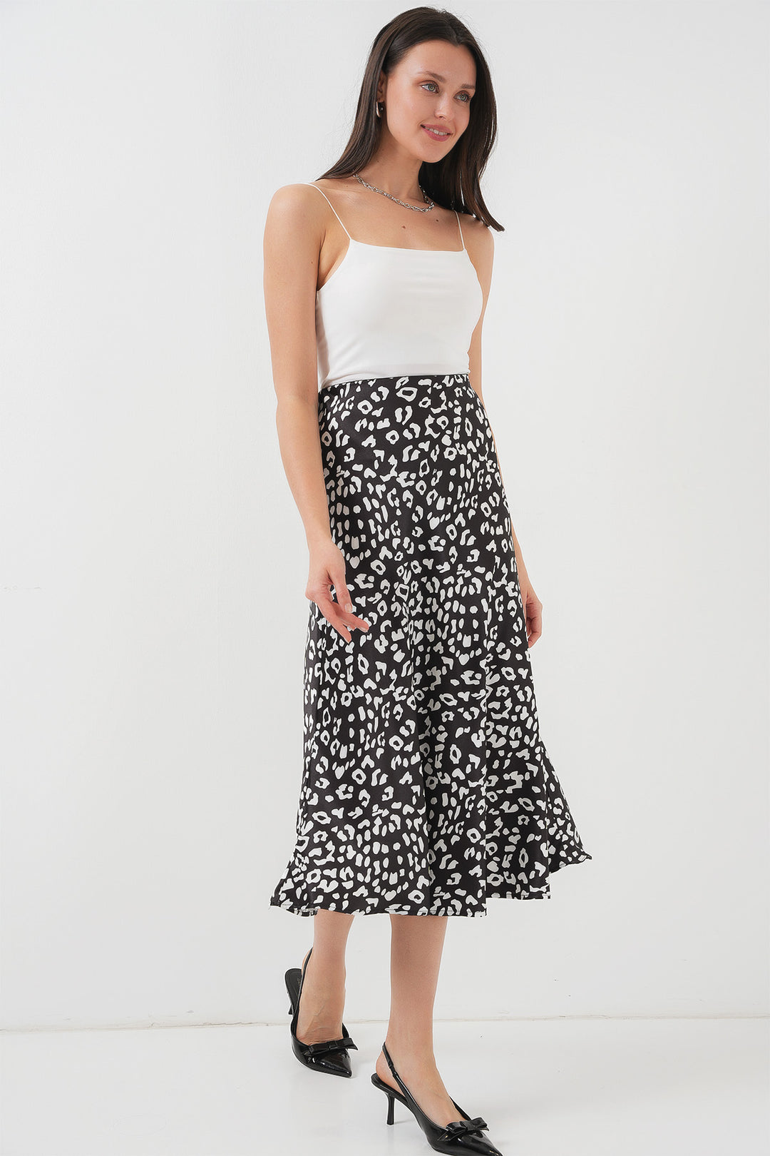 Bigdart Jupe en satin à motifs noir et blanc pour femme 15806 - Noir