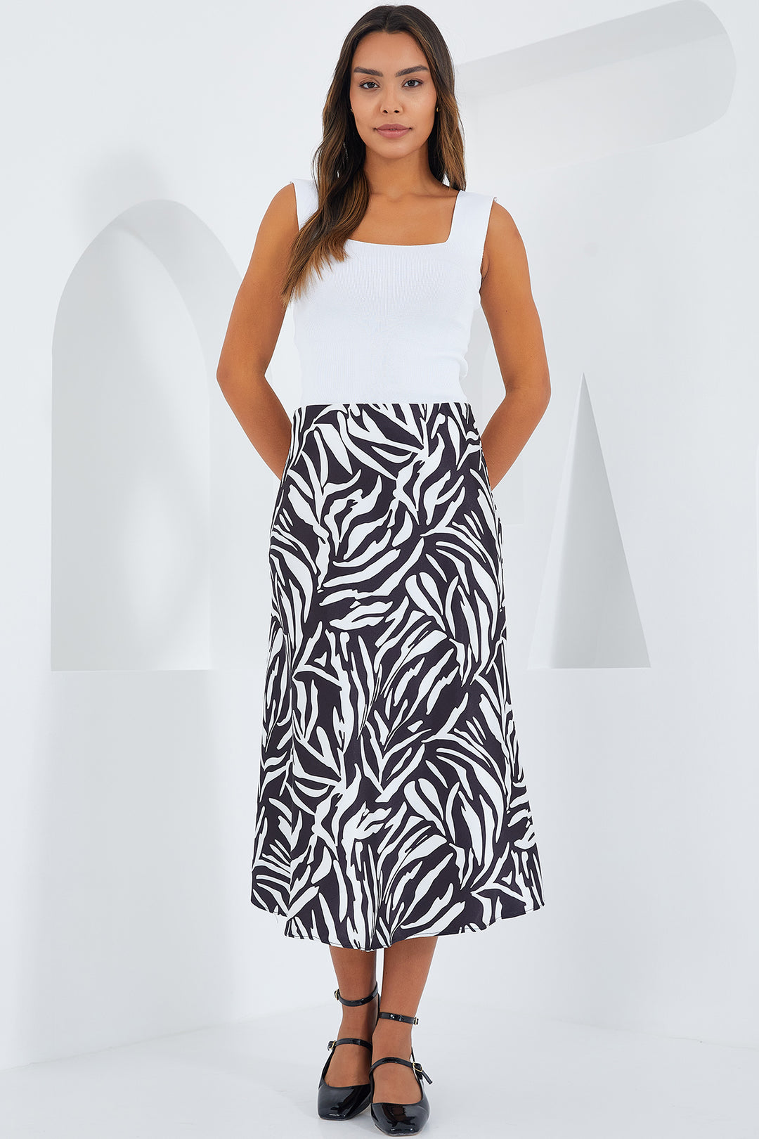 Bigdart Jupe en satin à motifs noir et blanc pour femme 15806
