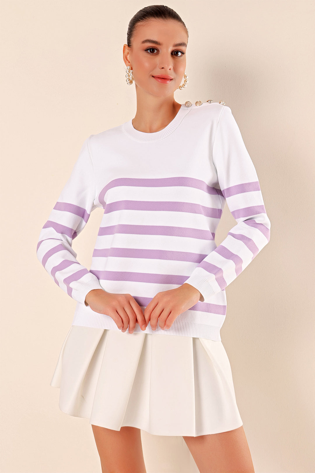 Bigdart 15820 Pull rayé avec détails de boutons - c. Lilas