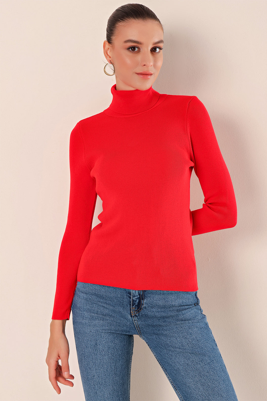 Bigdart 15825 Pull en tricot à col montant - Rouge