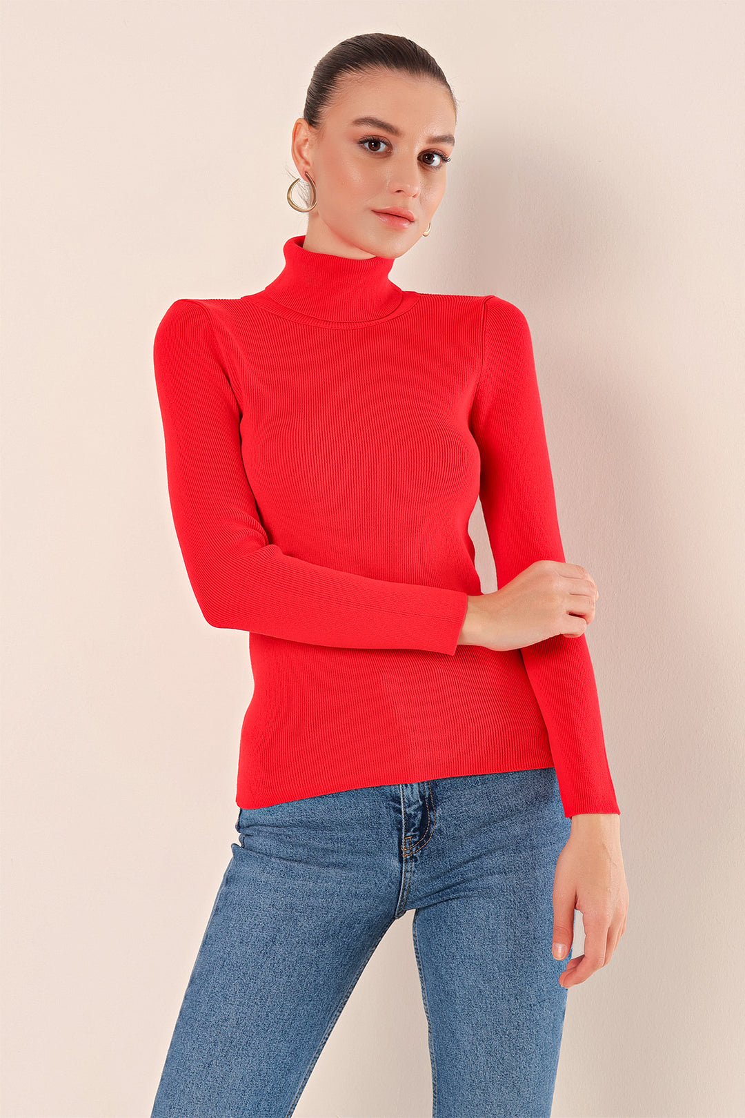 Bigdart 15825 Pull en tricot à col montant - Rouge