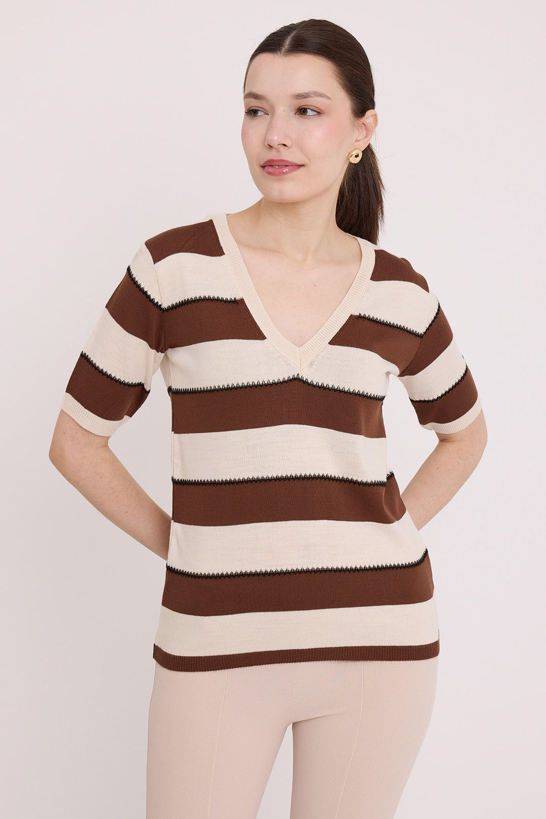 Bigdart Blouse à rayures marron et crème à manches courtes pour femmes 15869