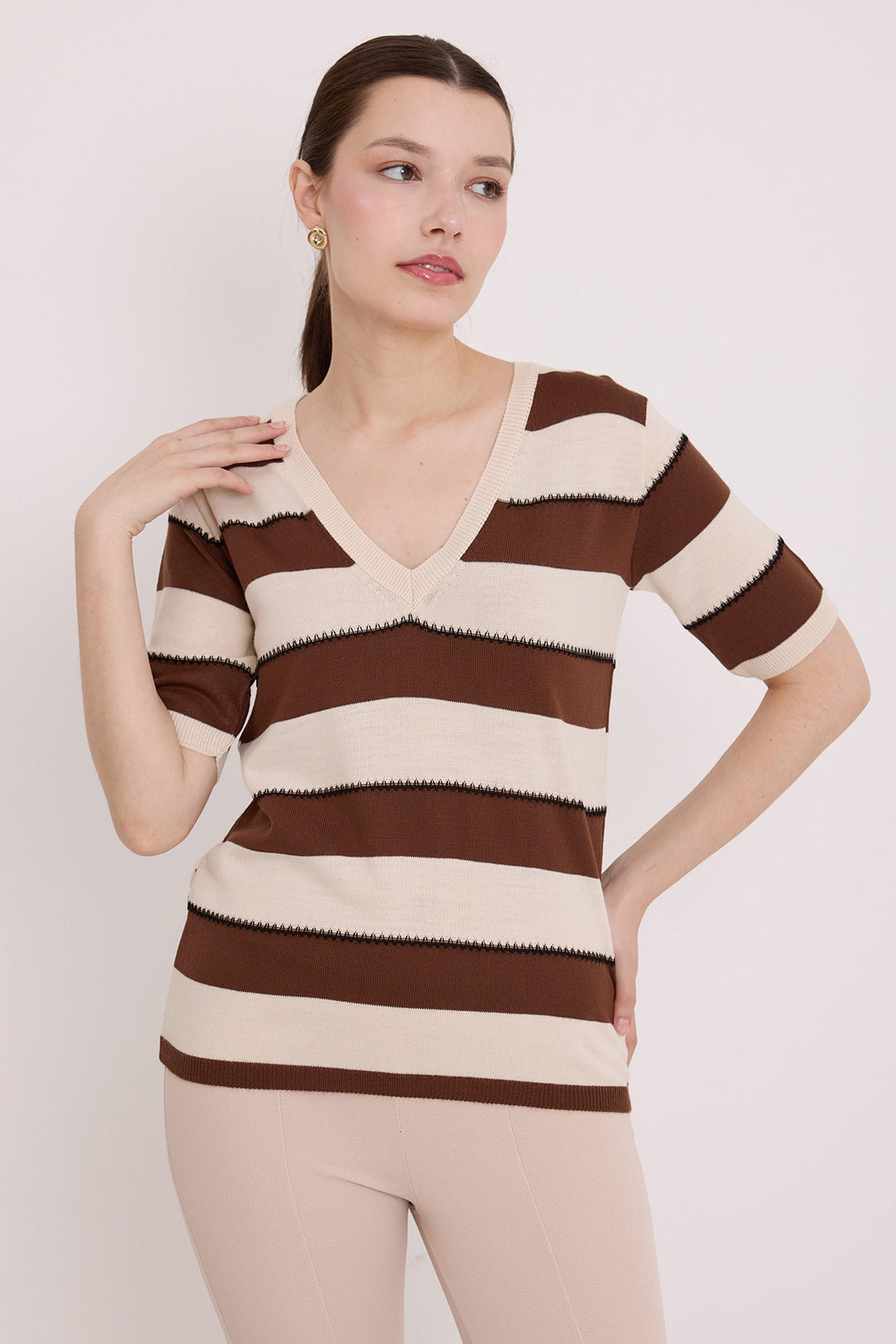 Bigdart Blouse à rayures marron et crème à manches courtes pour femmes 15869