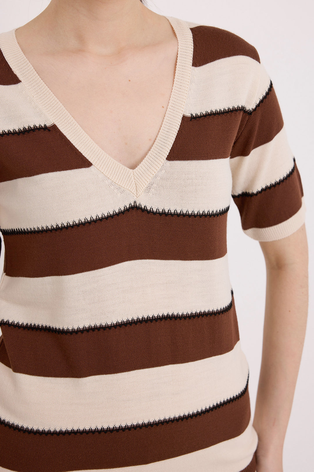 Bigdart Blouse à rayures marron et crème à manches courtes pour femmes 15869