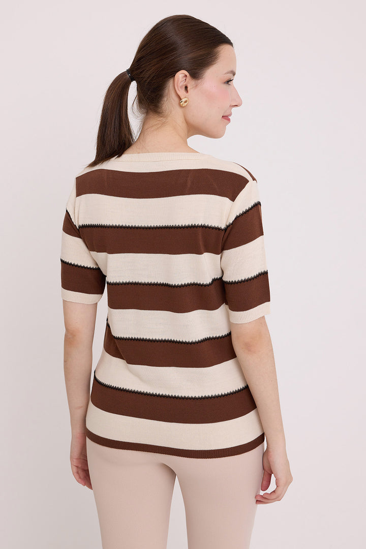 Bigdart Blouse à rayures marron et crème à manches courtes pour femmes 15869