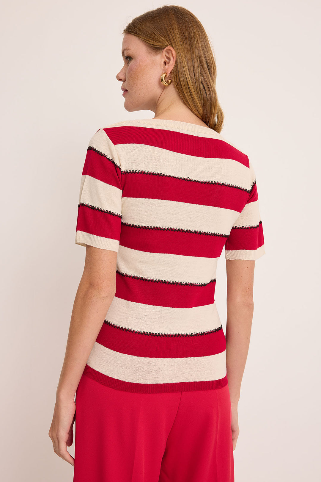 Bigdart Blouse à rayures rouges et blanches à col en V pour femmes 15869