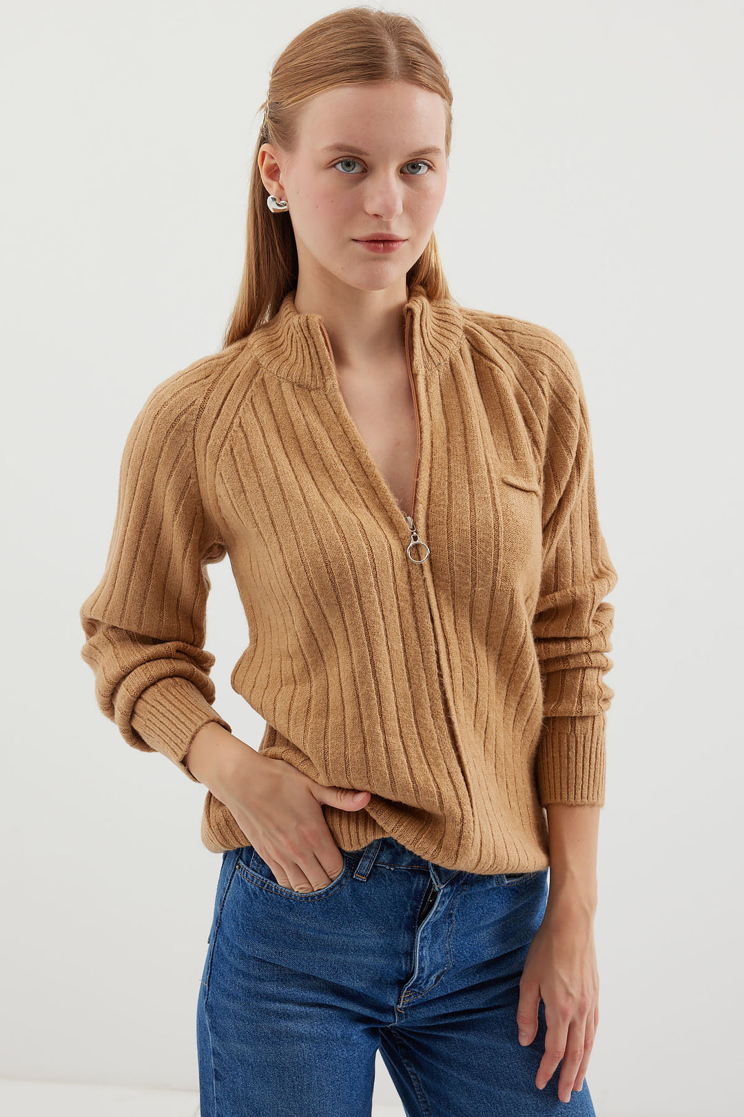 Bigdart 15880 Gilet en tricot zippé - Biscuit
