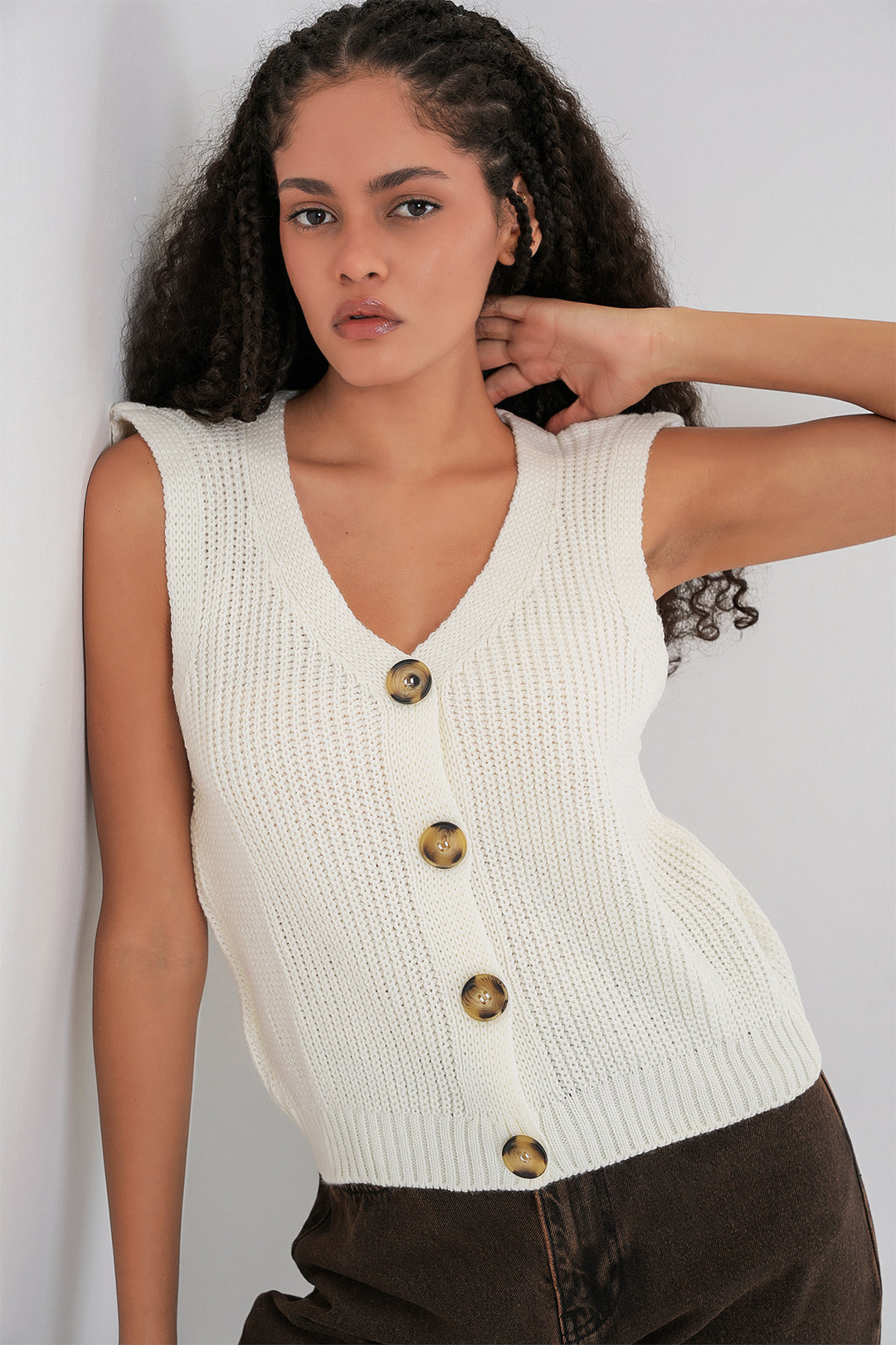 Bigdart 15881 Gilet tricoté court à boutons - Écru