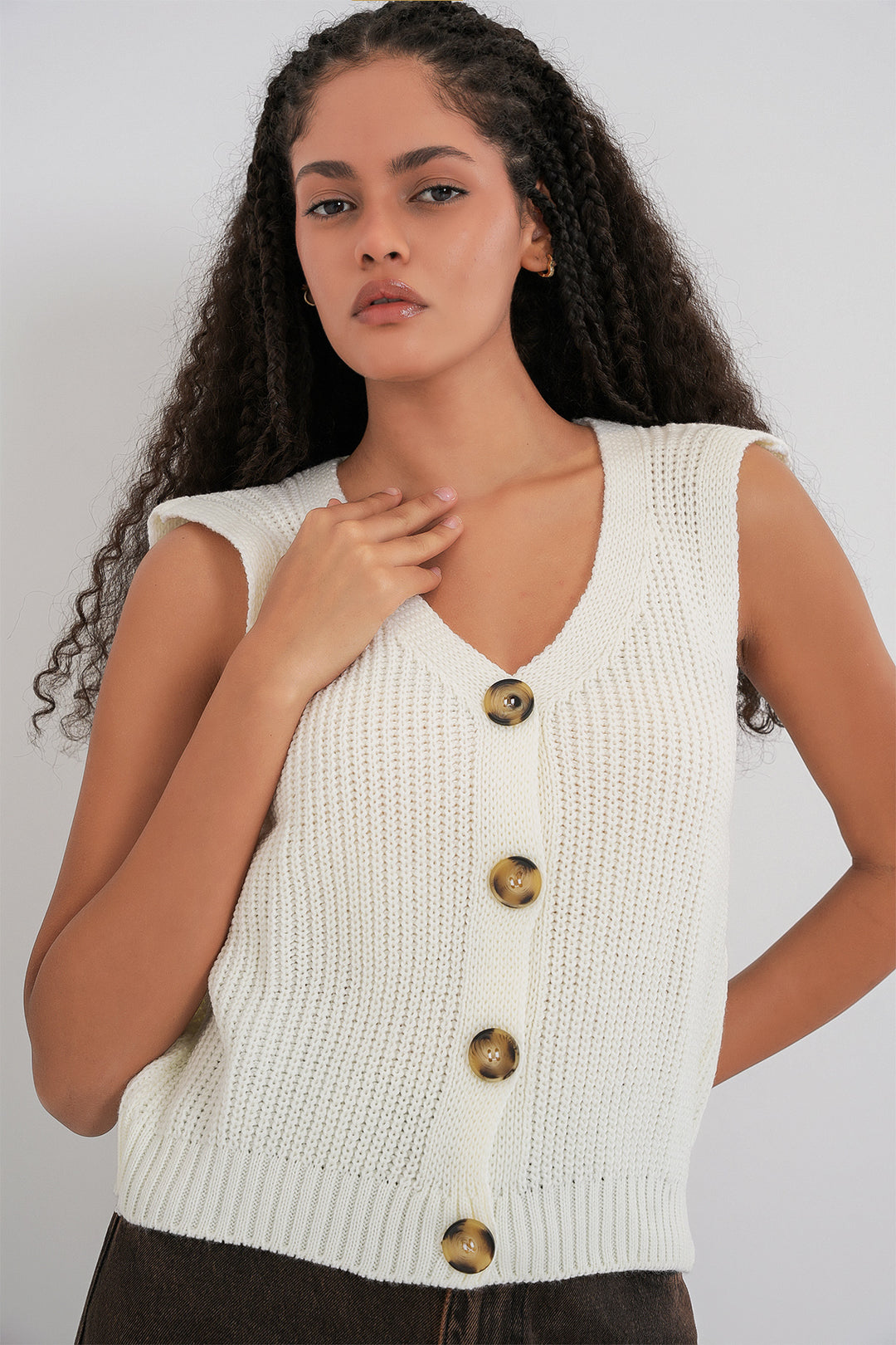 Bigdart 15881 Gilet tricoté court à boutons - Écru