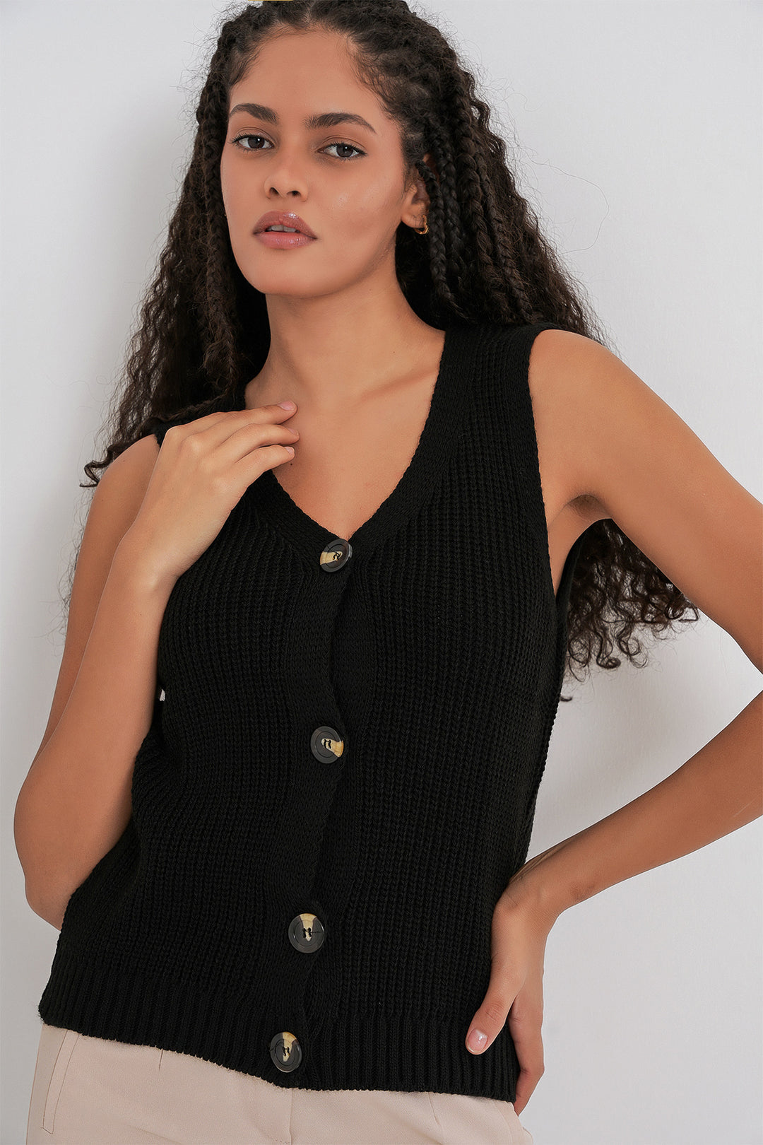 Bigdart 15881 Gilet tricoté court à boutons - Noir
