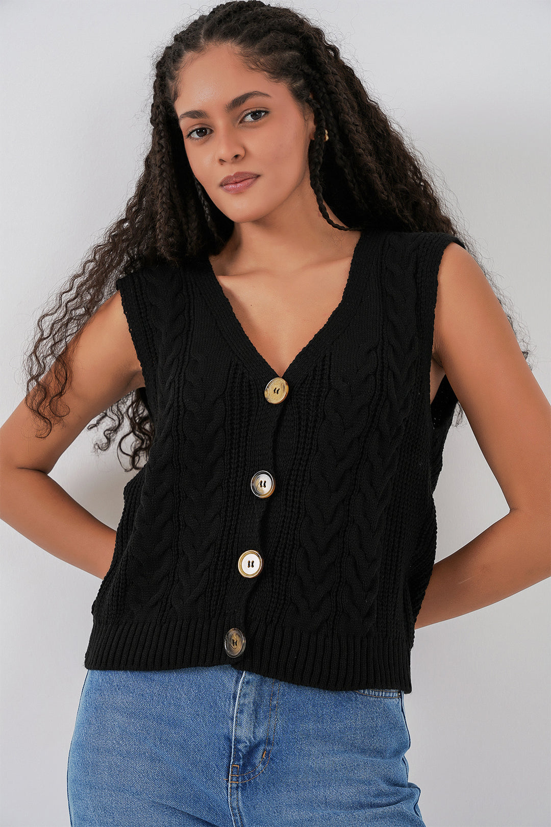 Bigdart 15882 Gilet tricoté court à boutons - Noir