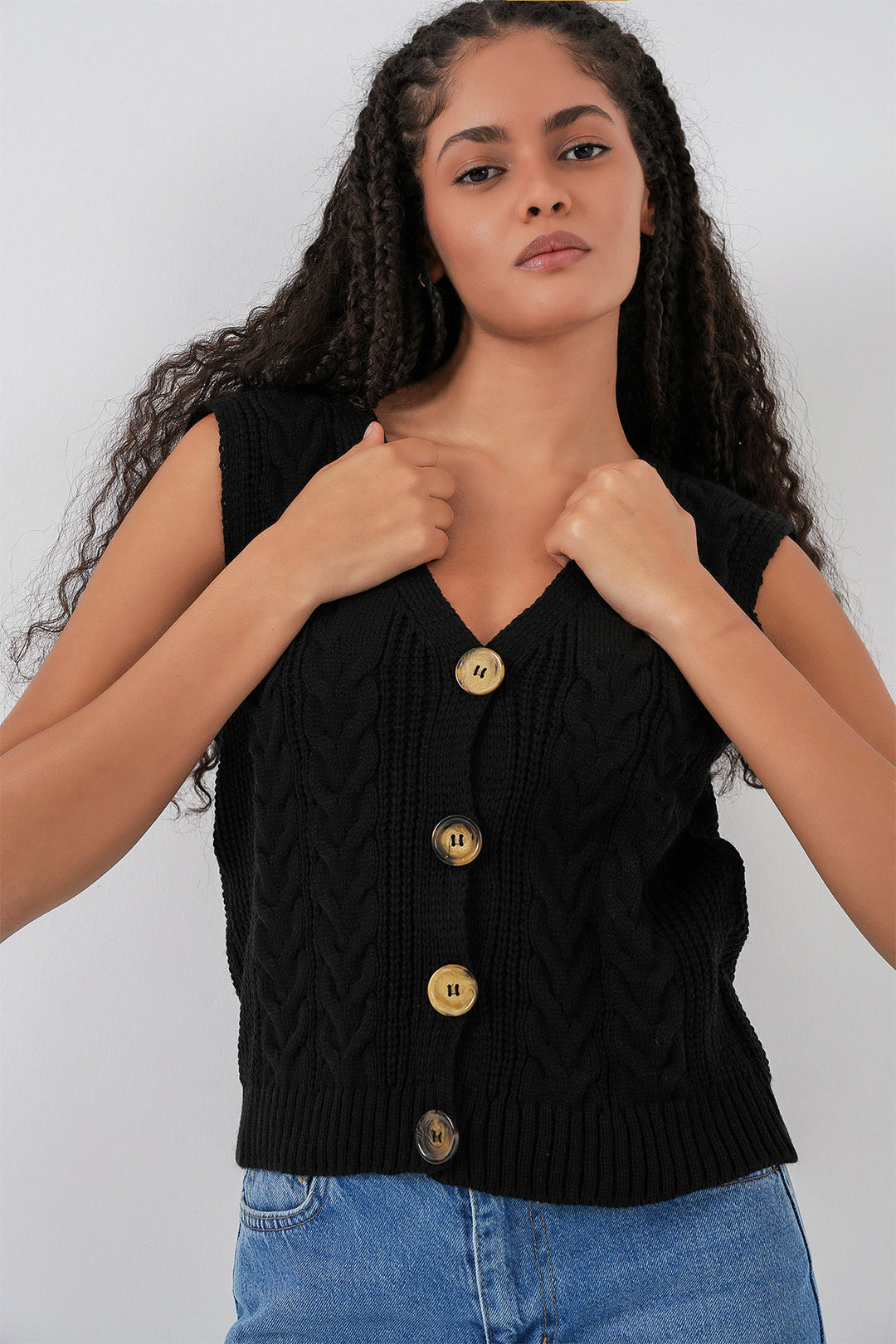 Bigdart 15882 Gilet tricoté court à boutons - Noir