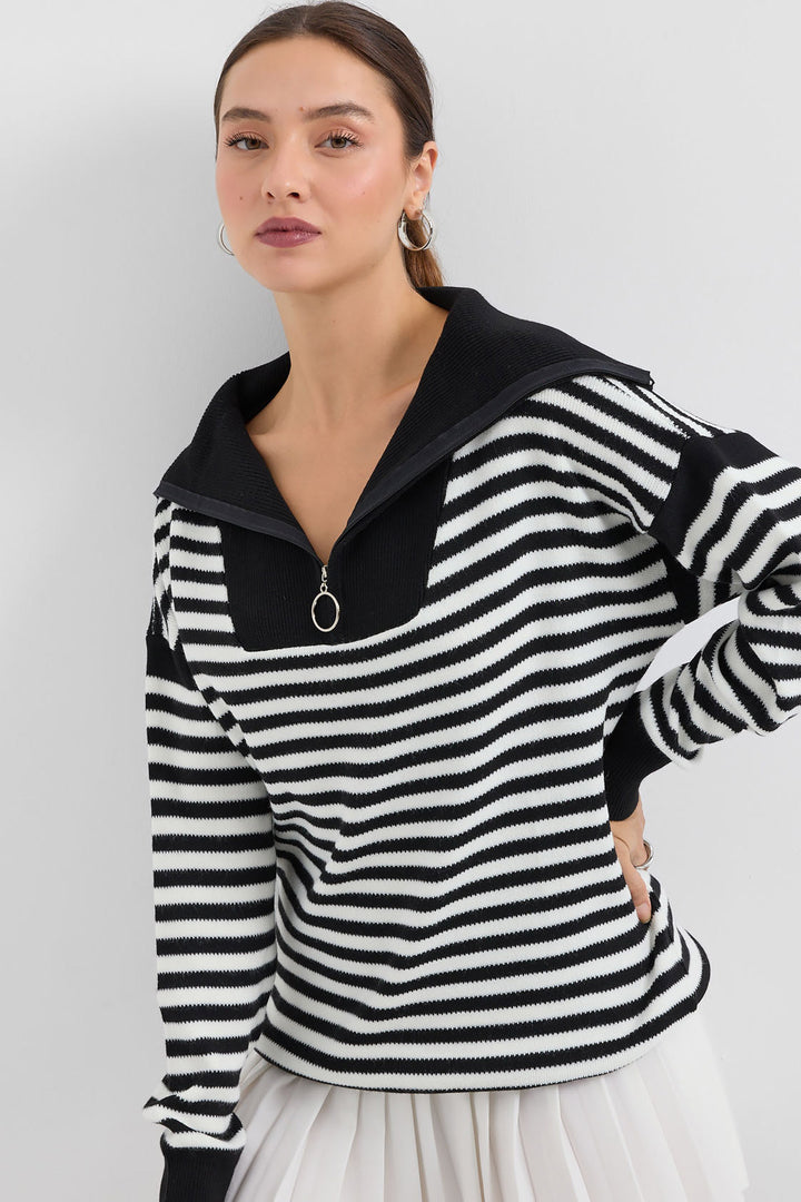 Bigdart 15886 Pull Tricot Longue Rayée Col Polo - Noir