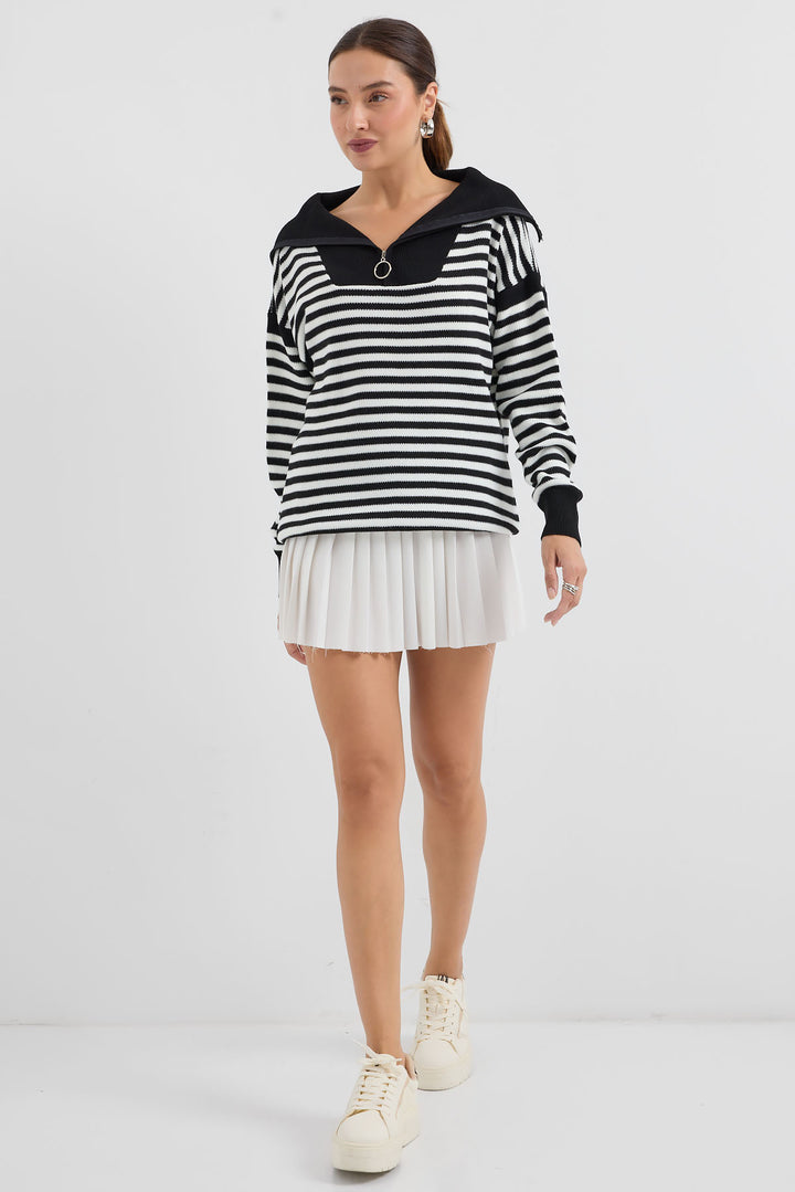 Bigdart 15886 Pull Tricot Longue Rayée Col Polo - Noir