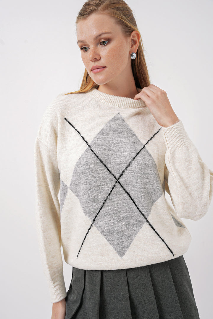 Bigdart 15895 Pull Tricot Oversize à Motif Baklava - Gris A.
