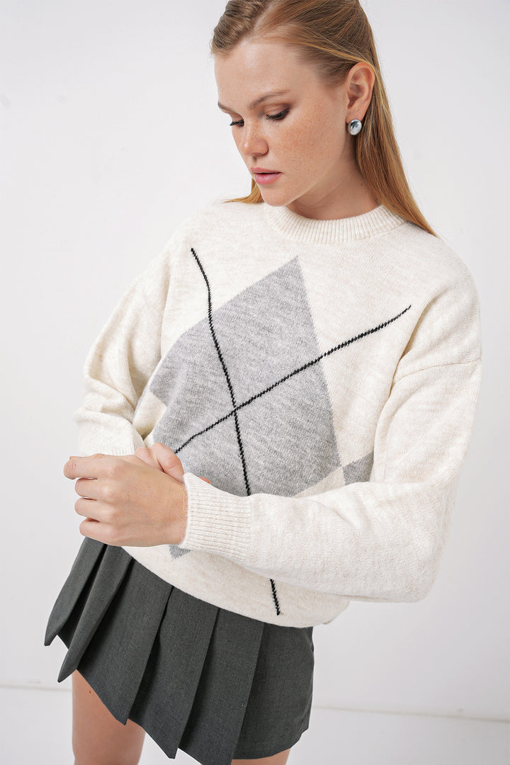 Bigdart 15895 Pull Tricot Oversize à Motif Baklava - Gris A.