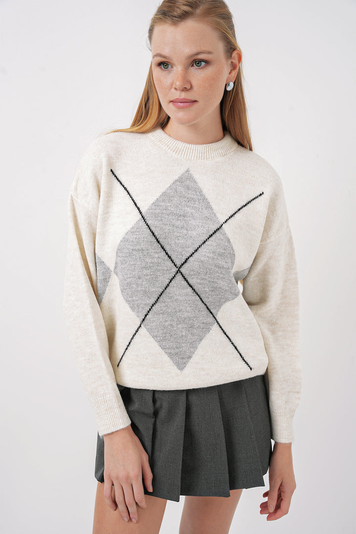 Bigdart 15895 Pull Tricot Oversize à Motif Baklava - Gris A.