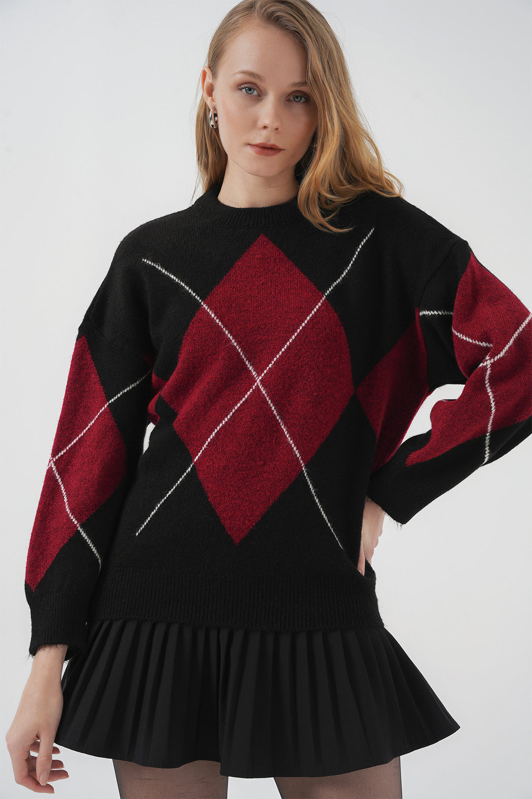 Bigdart 15895 Pull oversize en tricot à motif losange - Noir profond