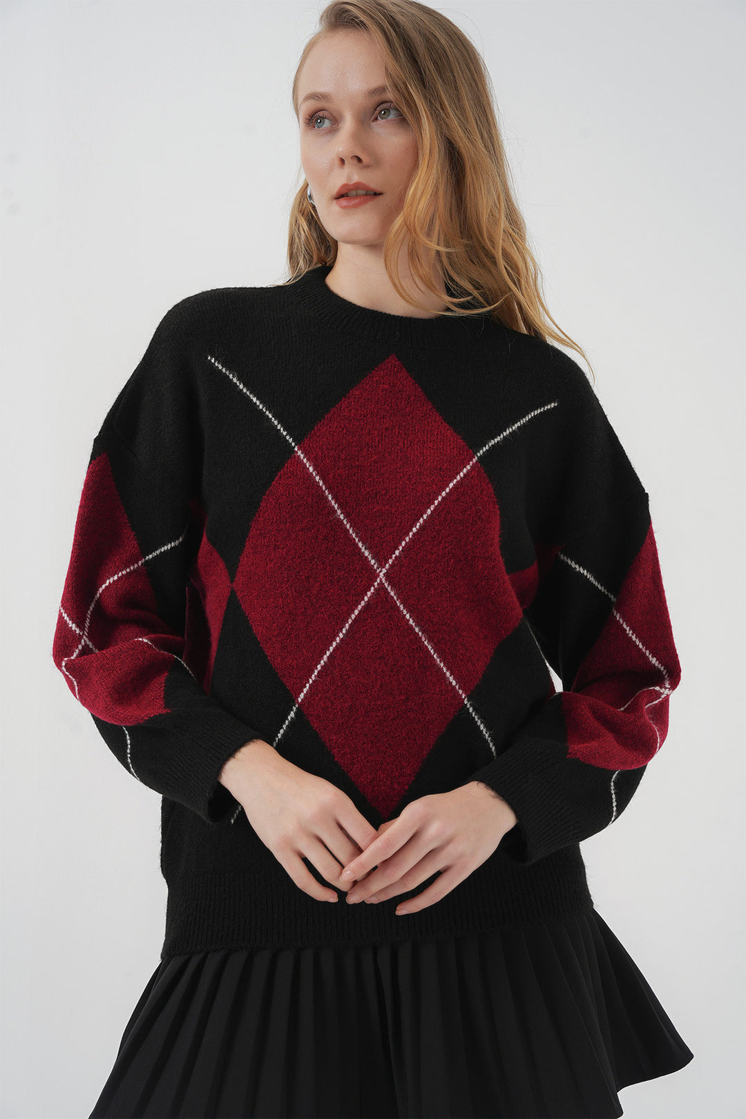 Bigdart 15895 Pull oversize en tricot à motif losange - Noir profond