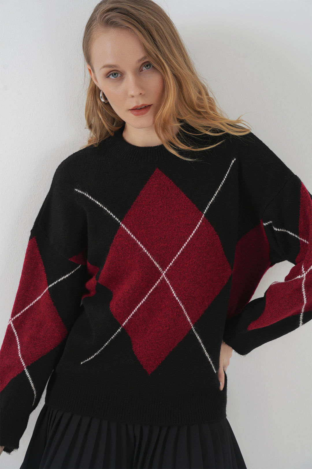 Bigdart 15895 Pull oversize en tricot à motif losange - Noir profond
