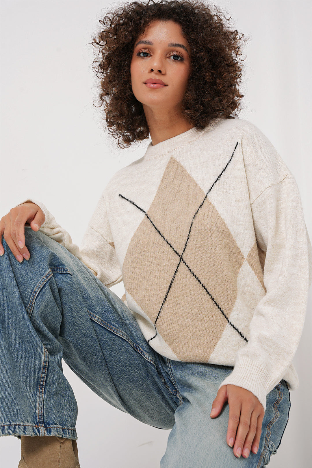 Bigdart 15895 Pull Tricot Oversize à Motif Baklava - Écru