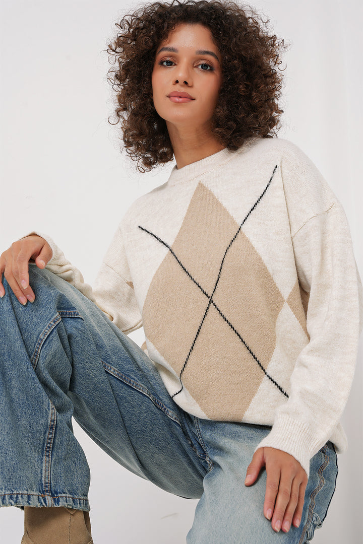 Bigdart 15895 Pull Tricot Oversize à Motif Baklava - Écru