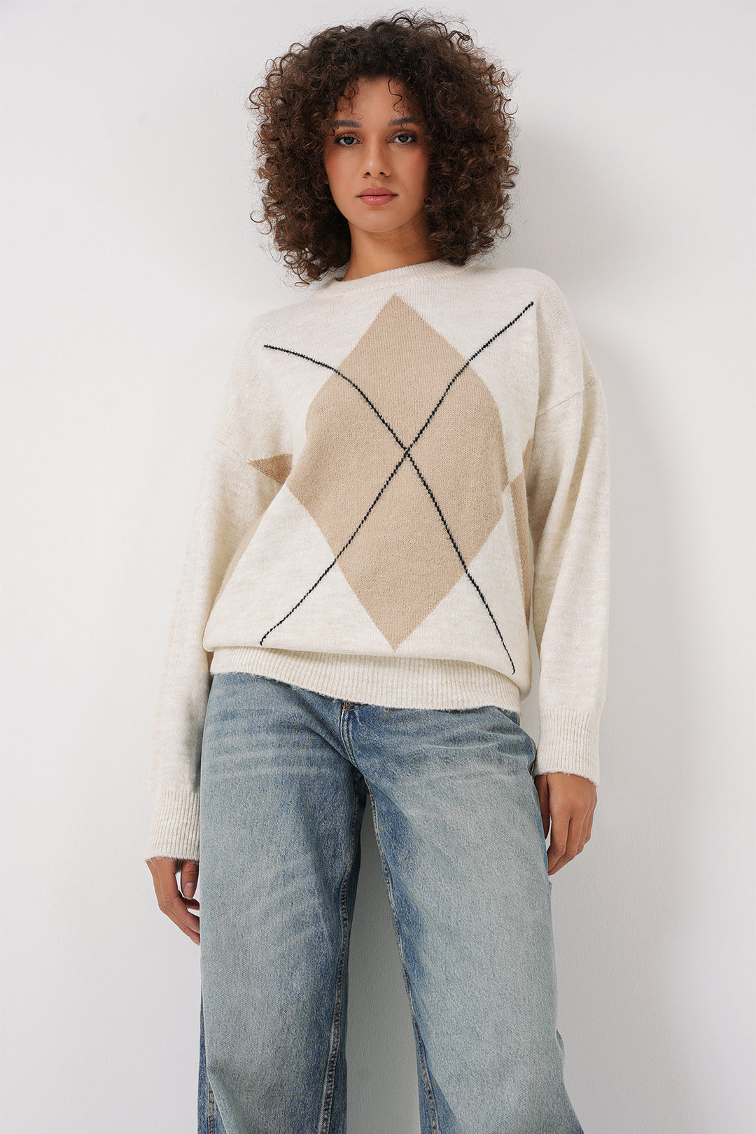Bigdart 15895 Pull Tricot Oversize à Motif Baklava - Écru