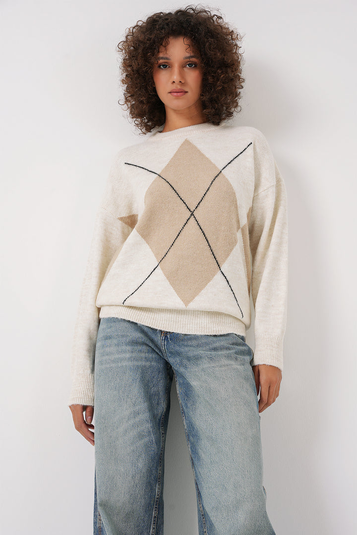 Bigdart 15895 Pull Tricot Oversize à Motif Baklava - Écru