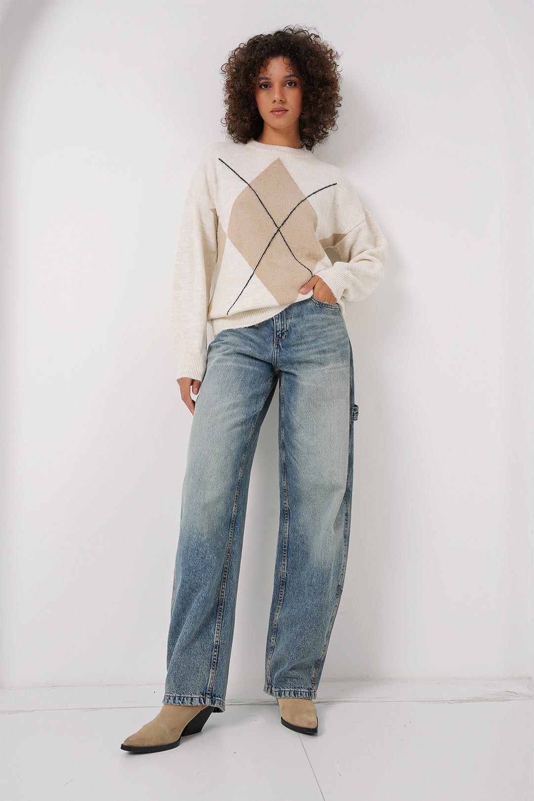 Bigdart 15895 Pull Tricot Oversize à Motif Baklava - Écru