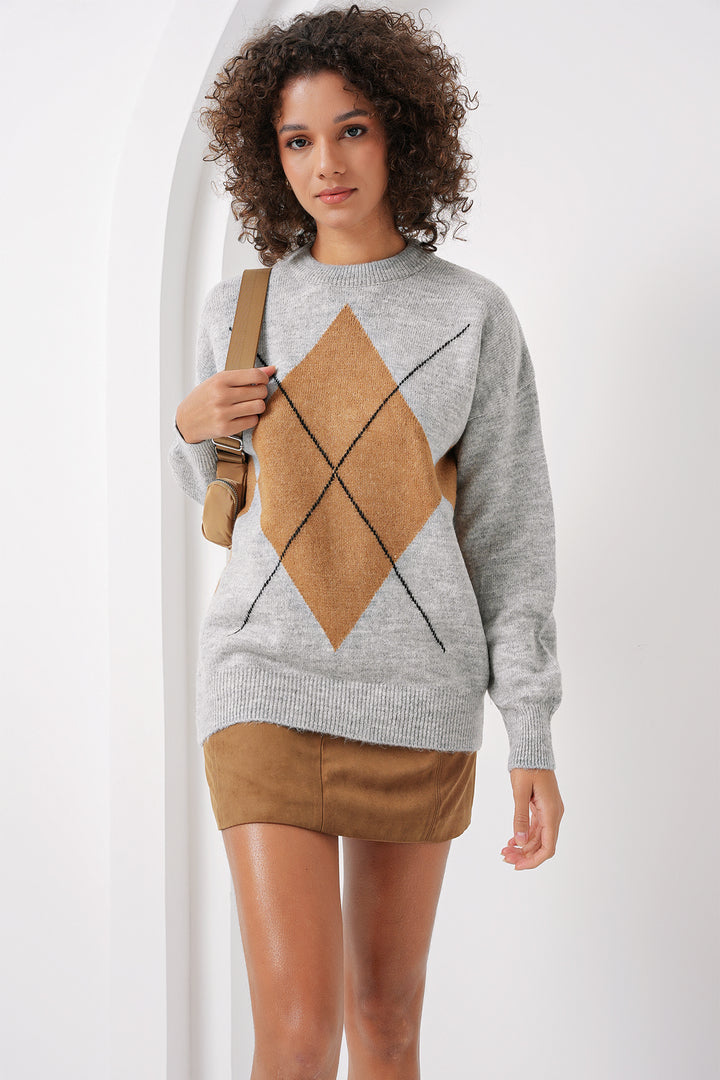 Bigdart 15895 Pull Oversize à Motif Vichy - Gris
