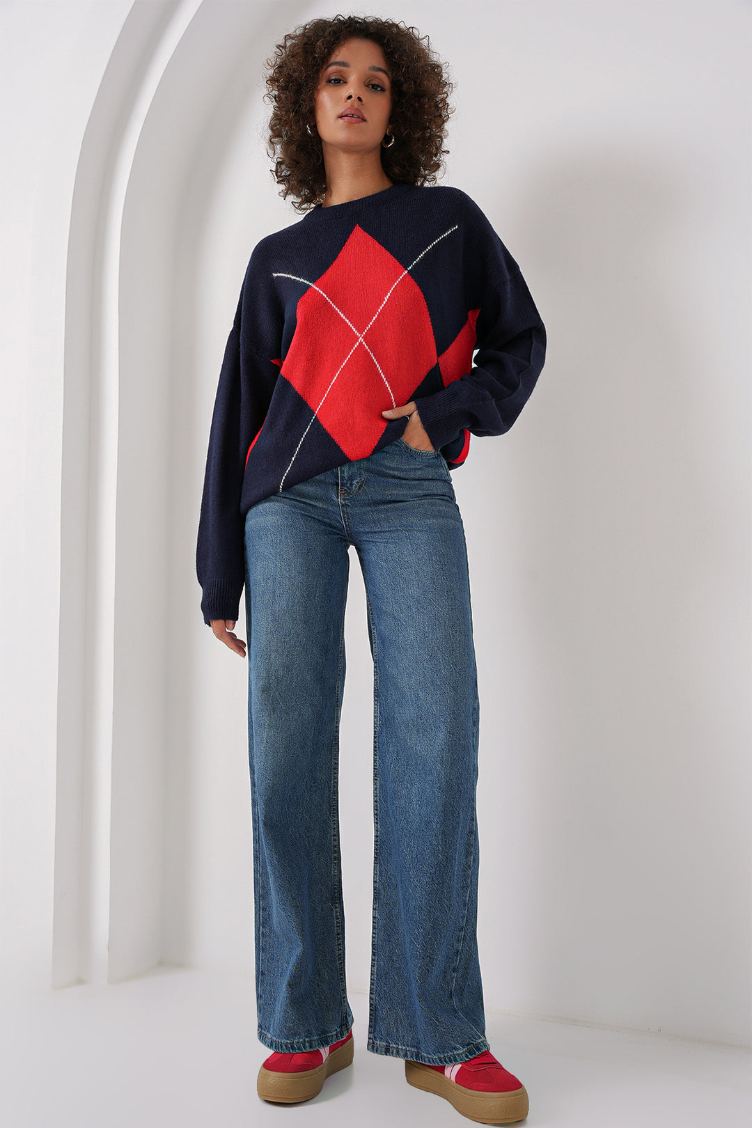 Bigdart 15895 Pull en tricot oversize à motif baklava - Bleu marine