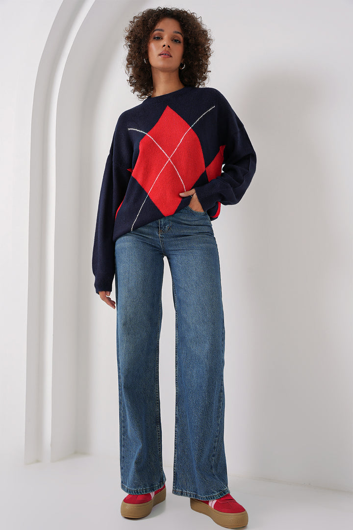Bigdart 15895 Pull en tricot oversize à motif baklava - Bleu marine