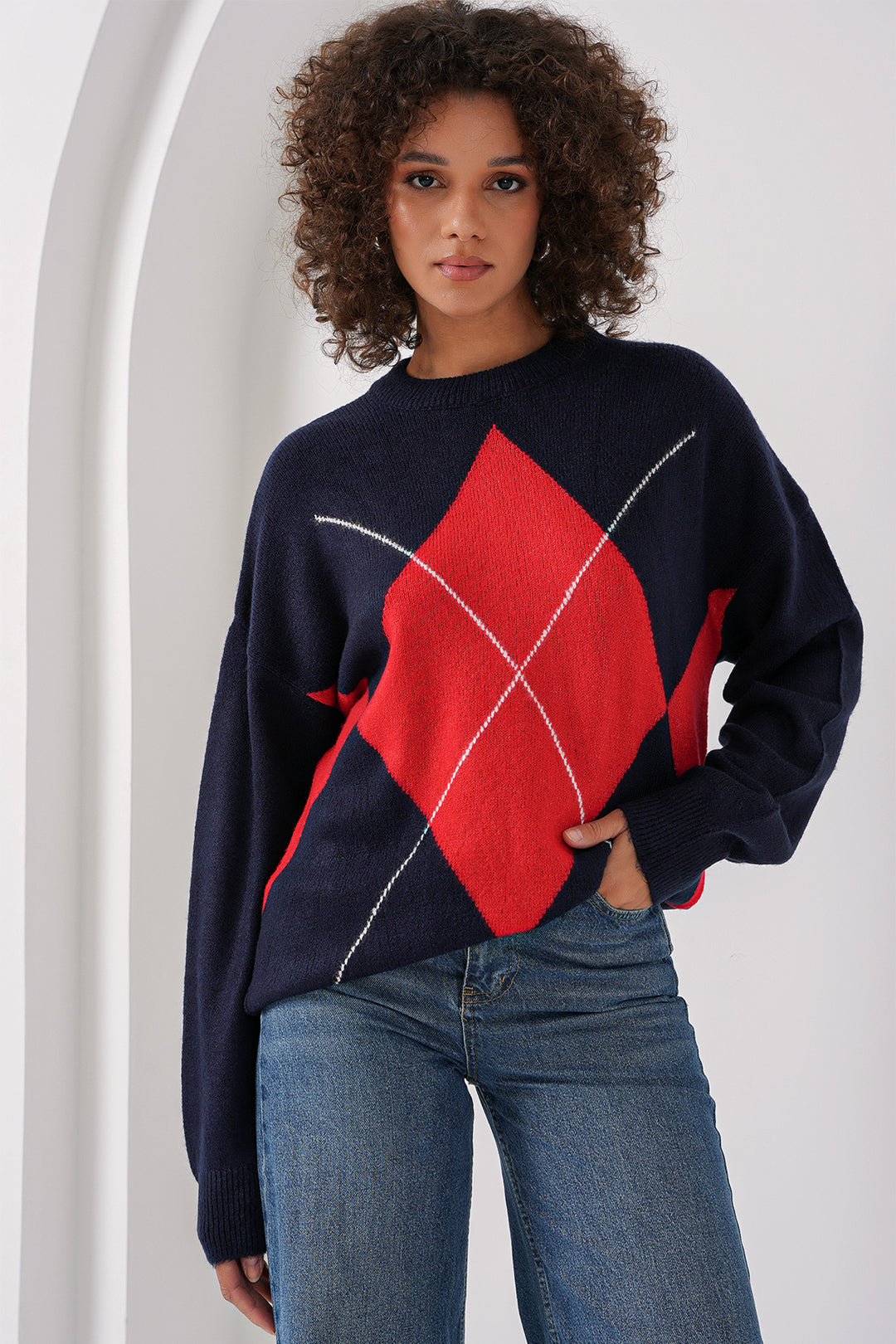 Bigdart 15895 Pull en tricot oversize à motif baklava - Bleu marine