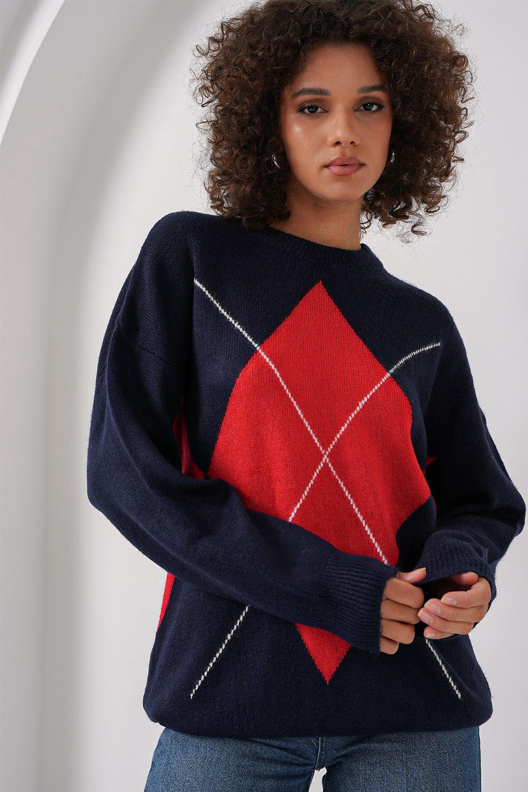 Bigdart 15895 Pull en tricot oversize à motif baklava - Bleu marine