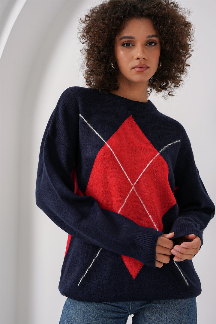 Bigdart 15895 Pull en tricot oversize à motif baklava - Bleu marine